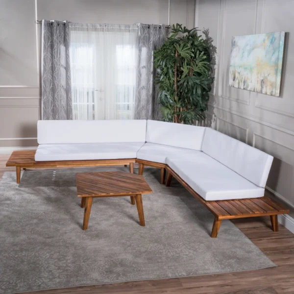 upholstered L-shaped sofa set with coffee table in natural and brown finish