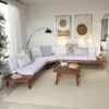 upholstered L-shaped sofa set with coffee table in natural and brown finish