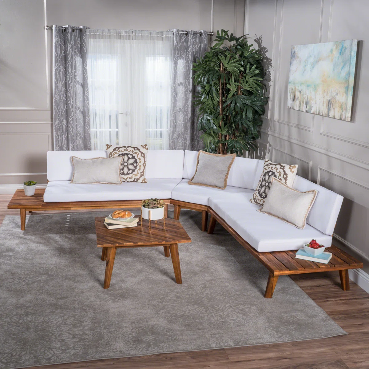 upholstered L-shaped sofa set with coffee table in natural and brown finish upholstered L-shaped sofa set with coffee table in natural and brown finish