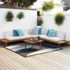 upholstered L-shaped sofa set with coffee table in natural and brown finish