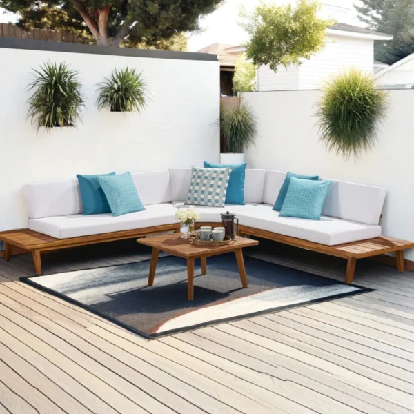 upholstered L-shaped sofa set with coffee table in natural and brown finish