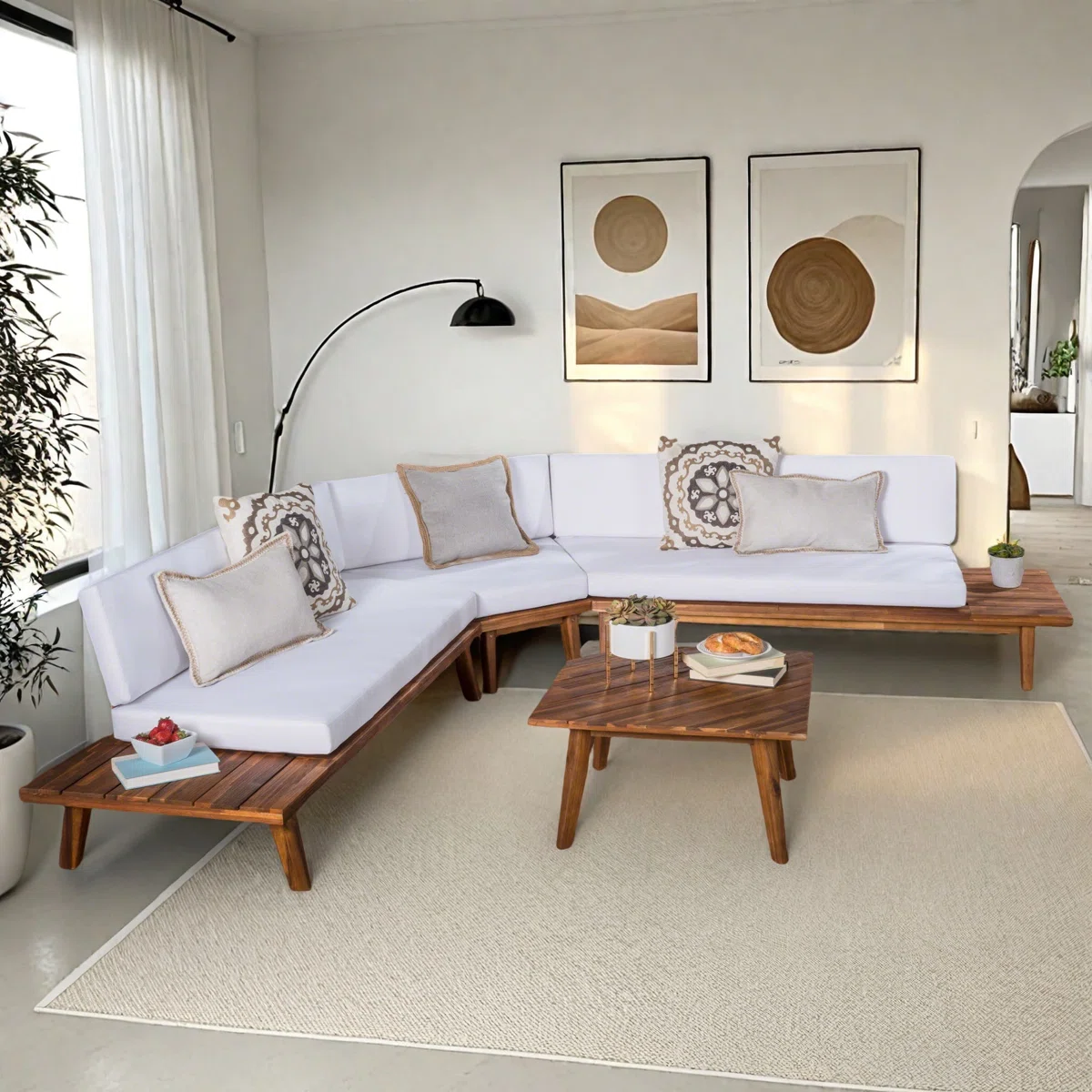 upholstered L-shaped sofa set with coffee table in natural and brown finish