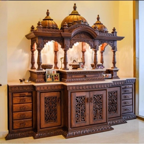 Large hand-carved teak wood temple with doors, bells, LED lighting, and spacious design for multiple idols