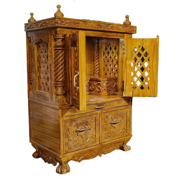 Small traditional wooden mandir in teak wood with natural finish for home worship