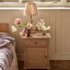 bedside table in natural pine wood with drawer, cupboard, and antiqued bronzed handles