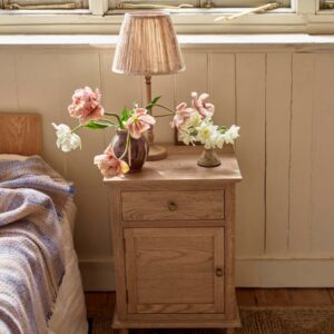 bedside table in natural pine wood with drawer, cupboard, and antiqued bronzed handles
