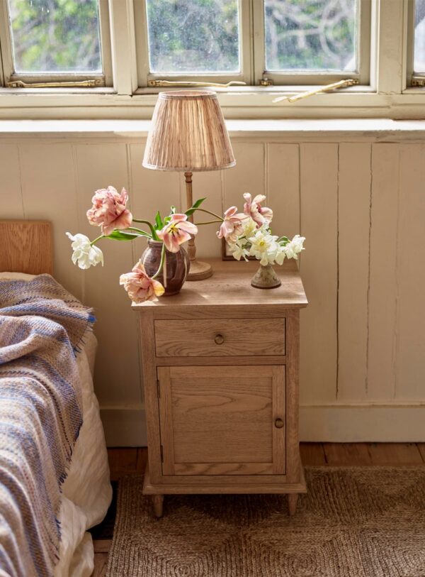 bedside table in natural pine wood with drawer, cupboard, and antiqued bronzed handles