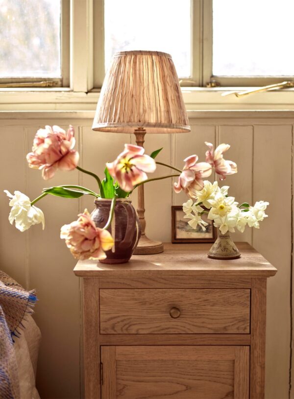 bedside table in natural pine wood with drawer, cupboard, and antiqued bronzed handles