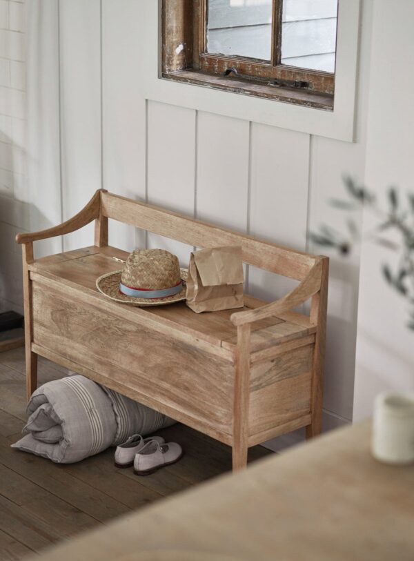 storage bench with seat and hidden storage in natural brown finish