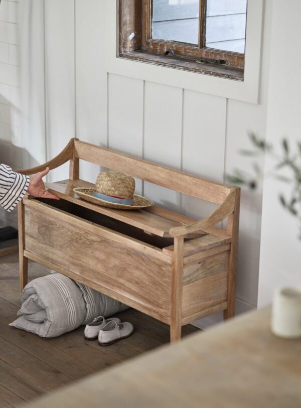 storage bench with seat and hidden storage in natural brown finish