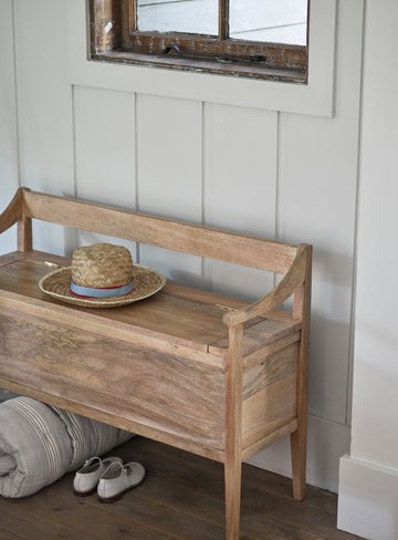 storage bench with seat and hidden storage in natural brown finish