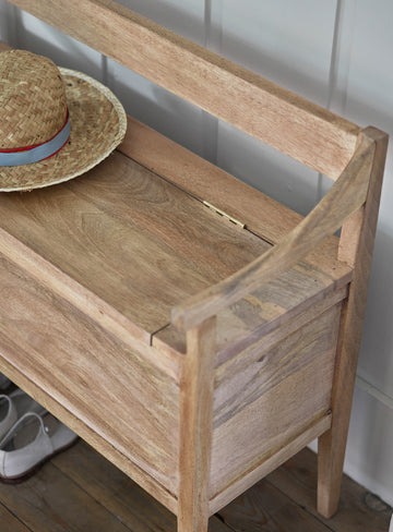storage bench with seat and hidden storage in natural brown finish