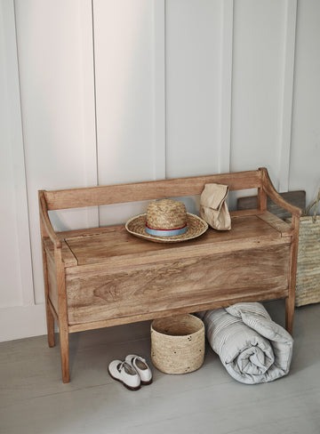 storage bench with seat and hidden storage in natural brown finish