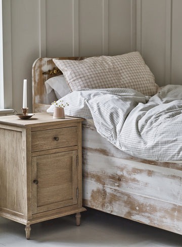 bedside table in natural pine wood with drawer, cupboard, and antiqued bronzed handles