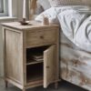 bedside table in natural pine wood with drawer, cupboard, and antiqued bronzed handles