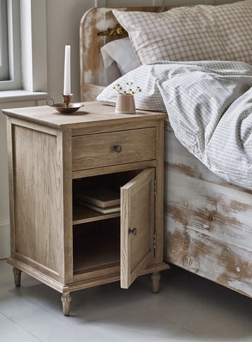 bedside table in natural pine wood with drawer, cupboard, and antiqued bronzed handles