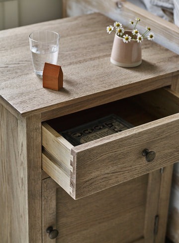 bedside table in natural pine wood with drawer, cupboard, and antiqued bronzed handles