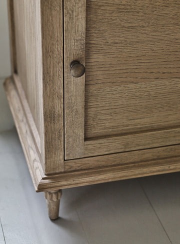bedside table in natural pine wood with drawer, cupboard, and antiqued bronzed handles