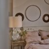 bedside table in natural pine wood with slim drawer, brass hardware, and bottom shelf