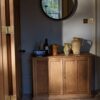 Wooden sideboard with 2 doors and lock, pine wood cabinet in natural brown finish