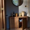 Wooden sideboard with 2 doors and lock, pine wood cabinet in natural brown finish
