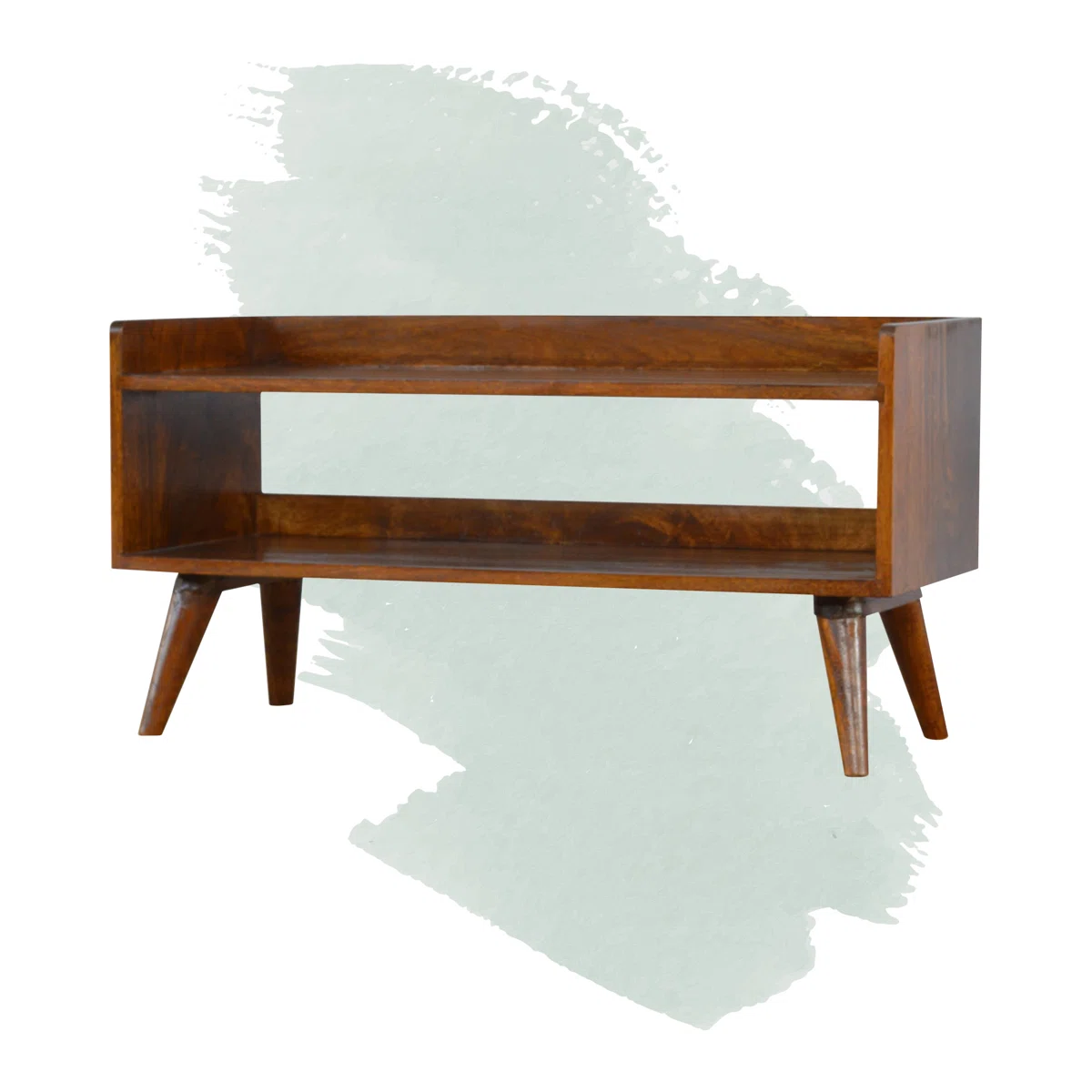 Brown plywood open storage bench with modern angled legs and lower shelf in contemporary entryway Aesthetic craft