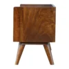 Brown plywood open storage bench with modern angled legs and lower shelf in contemporary entryway Aesthetic craft