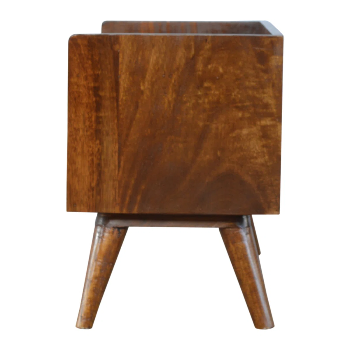 Brown plywood open storage bench with modern angled legs and lower shelf in contemporary entryway Aesthetic craft