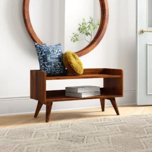 Brown plywood open storage bench with modern angled legs and lower shelf in contemporary entryway Aesthetic craft