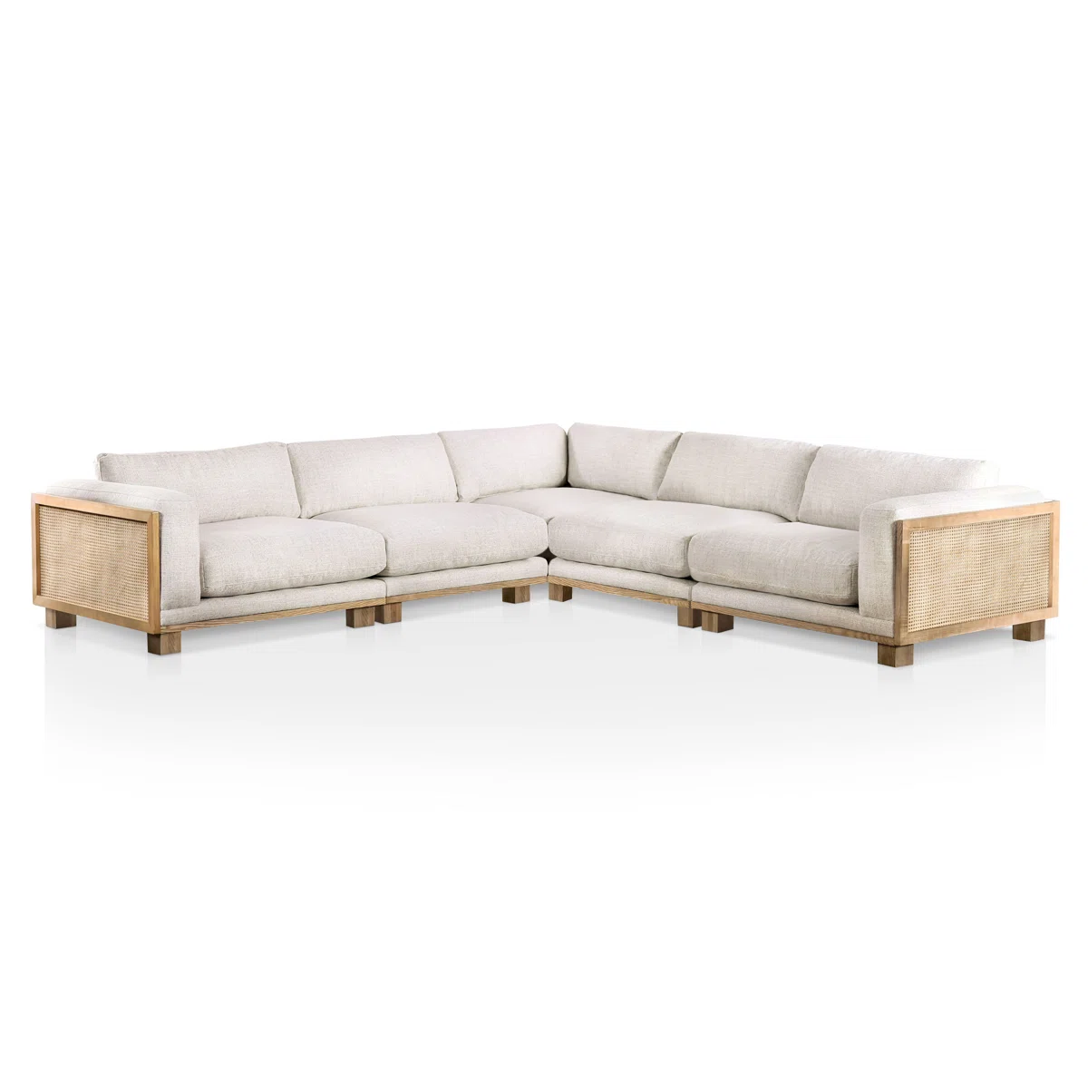 3-piece L-shaped sofa upholstered sectional with teak wood frame and rattan-style design in beige fabric upholstery 3-piece L-shaped sofa upholstered sectional with teak wood frame and rattan-style design in beige fabric upholstery