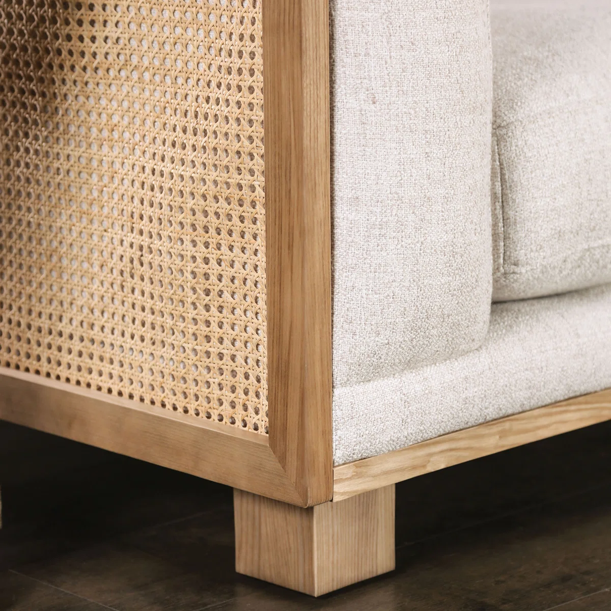 3-piece L-shaped sofa upholstered sectional with teak wood frame and rattan-style design in beige fabric upholstery 3-piece L-shaped sofa upholstered sectional with teak wood frame and rattan-style design in beige fabric upholstery