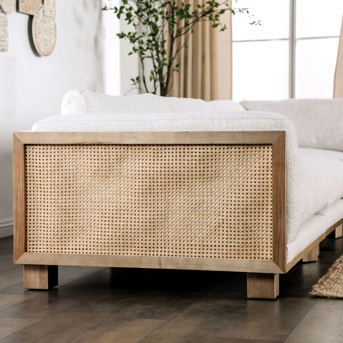 3-piece L-shaped sofa upholstered sectional with teak wood frame and rattan-style design in beige fabric upholstery 3-piece L-shaped sofa upholstered sectional with teak wood frame and rattan-style design in beige fabric upholstery