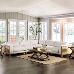 3-piece L-shaped sofa upholstered sectional with teak wood frame and rattan-style design in beige fabric upholstery