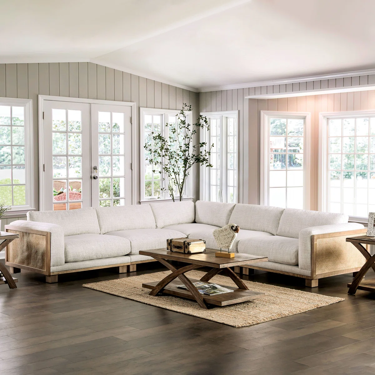 3-piece L-shaped sofa upholstered sectional with teak wood frame and rattan-style design in beige fabric upholstery