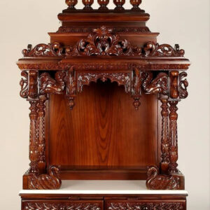 Large carved puja temple with double drawers, handcrafted teak wood & marble mandir in brown finish with LED light and detailed carvings