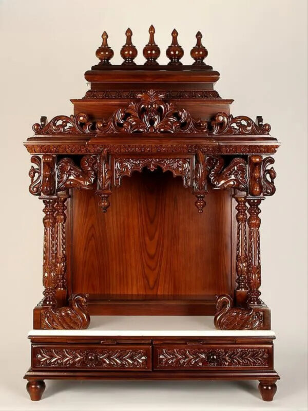 Large carved puja temple with double drawers, handcrafted teak wood & marble mandir in brown finish with LED light and detailed carvings