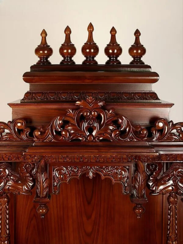 Large carved puja temple with double drawers, handcrafted teak wood & marble mandir in brown finish with LED light and detailed carvings