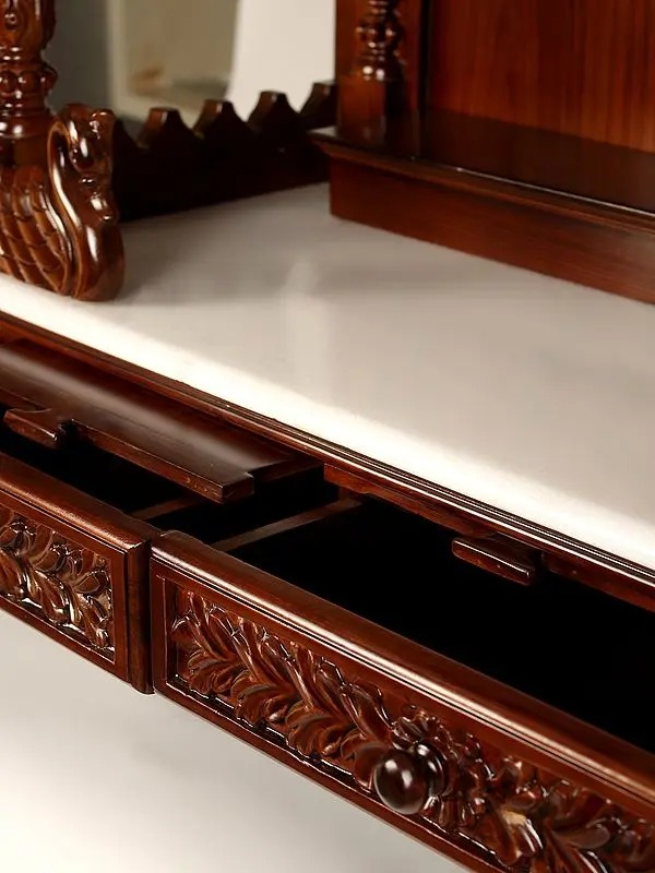 Large carved puja temple with double drawers, handcrafted teak wood & marble mandir in brown finish with LED light and detailed carvings