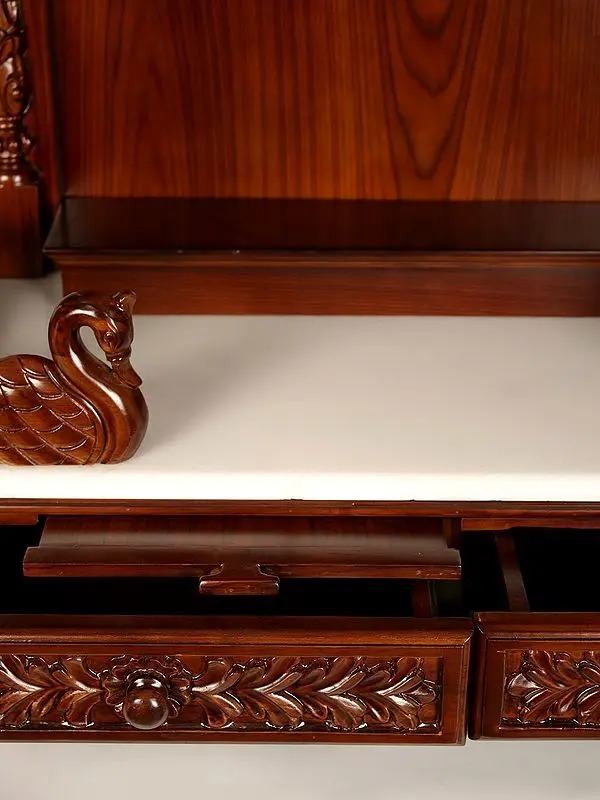 Large carved puja temple with double drawers, handcrafted teak wood & marble mandir in brown finish with LED light and detailed carvings
