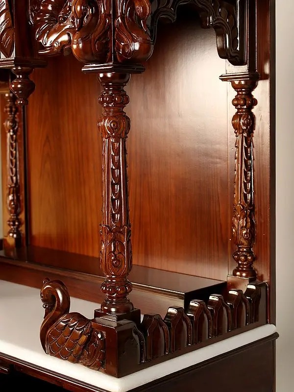 Large carved puja temple with double drawers, handcrafted teak wood & marble mandir in brown finish with LED light and detailed carvings