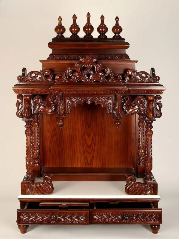 Large carved puja temple with double drawers, handcrafted teak wood & marble mandir in brown finish with LED light and detailed carvings