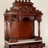Large carved puja temple with double drawers, handcrafted teak wood & marble mandir in brown finish with LED light and detailed carvings