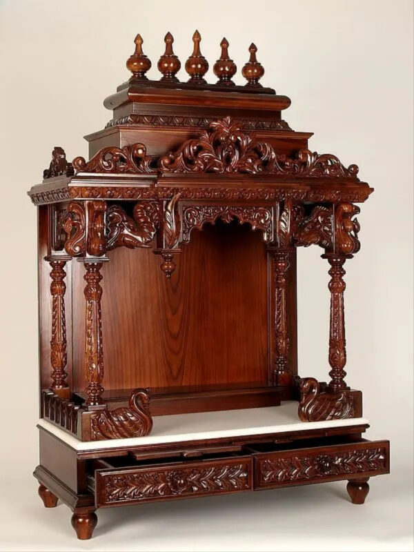 Large carved puja temple with double drawers, handcrafted teak wood & marble mandir in brown finish with LED light and detailed carvings