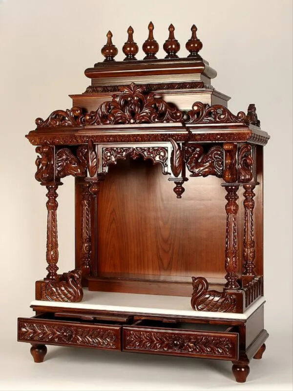 Large carved puja temple with double drawers, handcrafted teak wood & marble mandir in brown finish with LED light and detailed carvings