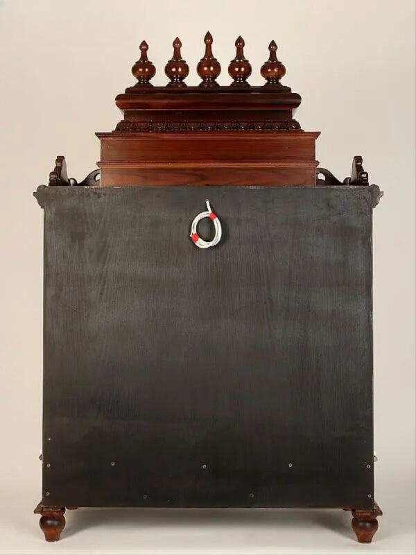 Large carved puja temple with double drawers, handcrafted teak wood & marble mandir in brown finish with LED light and detailed carvings