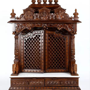 Large Lakshmi Ganesha Saraswati temple with double doors, handcrafted teak wood & marble mandir in dark brown finish with detailed carvings
