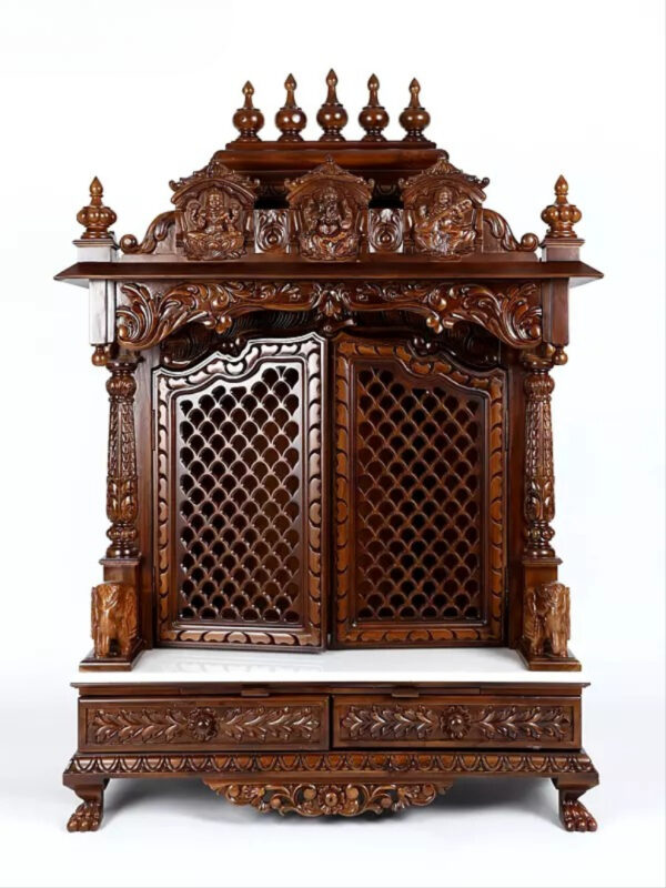 Large Lakshmi Ganesha Saraswati temple with double doors, handcrafted teak wood & marble mandir in dark brown finish with detailed carvings