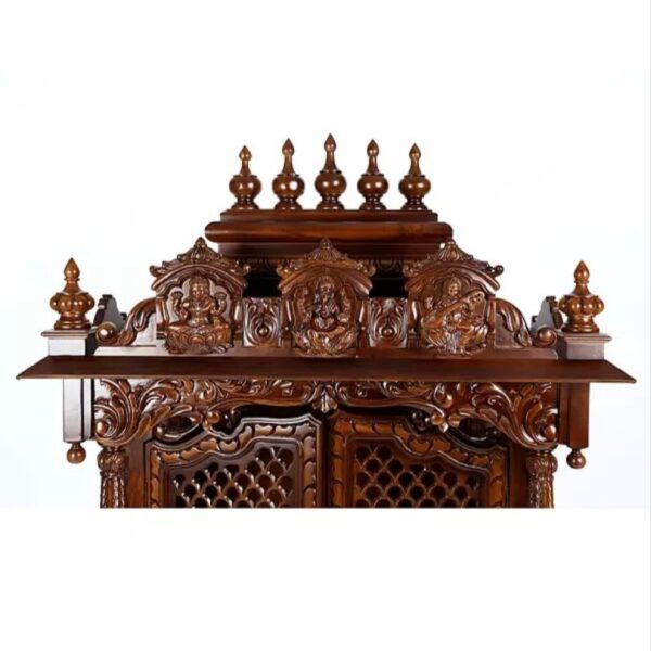 Large Lakshmi Ganesha Saraswati temple with double doors, handcrafted teak wood & marble mandir in dark brown finish with detailed carvings