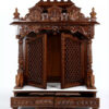 Large Lakshmi Ganesha Saraswati temple with double doors, handcrafted teak wood & marble mandir in dark brown finish with detailed carvings