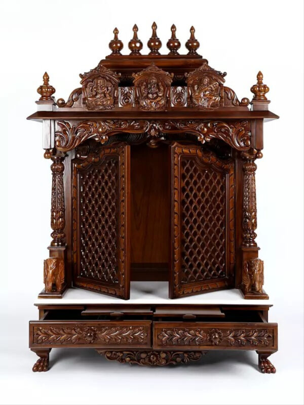 Large Lakshmi Ganesha Saraswati temple with double doors, handcrafted teak wood & marble mandir in dark brown finish with detailed carvings